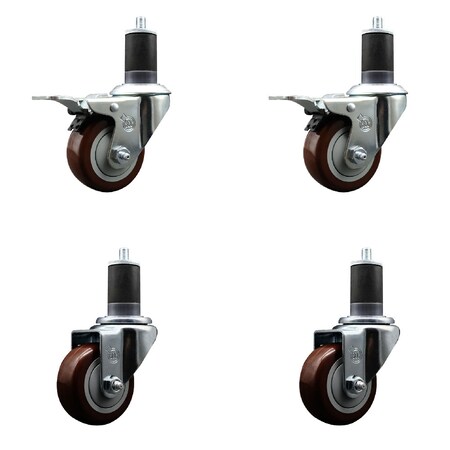 Service Caster 3'' Maroon Poly Swivel 1-5/8'' Expanding Stem Caster Set 2 Total Lock Brakes, 4PK SCC-EXTTL20S314-PPUB-MRN-2-S-2-158